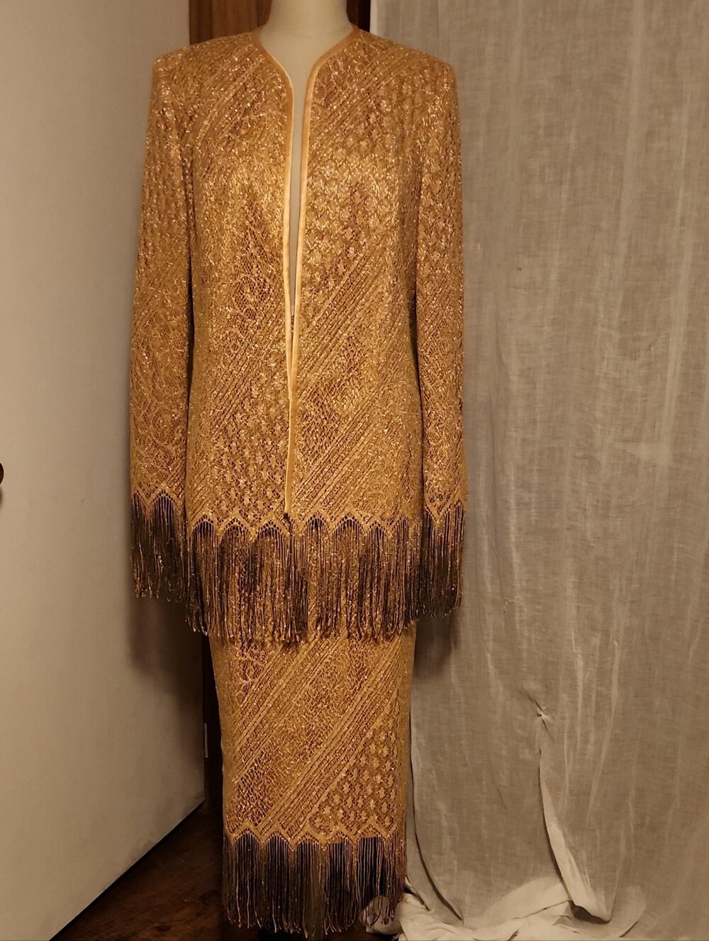 Moshita Couture Gold Fringe Knit Jacket - Women's Elegant Coat W/ Skirt Set